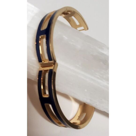 J. Crew Bracelet Hinged with Lock Navy Blue Enamel Gold Pierced Panels Bordered - Picture 8 of 12